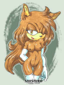 anthro areola armwear black_nose breasts brown_areola brown_body brown_eyes brown_fur brown_hair brown_nipples clothing countershade_face countershading curvy_figure elbow_gloves eyelashes female footwear fur genitals glistening glistening_body glistening_fur glistening_nose gloves grey_background hair hand_behind_back handwear inner_ear_fluff legwear lips long_hair long_socks monochrome_body mostly_nude navel nipples one_eye_closed open_mouth open_smile pointed_tail simple_background smile socks solo thigh_gap thigh_highs thigh_socks tongue triangle_nose tuft vulva white_clothing white_footwear white_gloves white_handwear white_socks pichu-chan sega sonic_the_hedgehog_(series) eulipotyphlan hedgehog mammal 2009