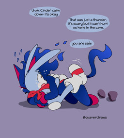 anthro blue_body blue_fur blush blush_lines bodily_fluids clothing cotton_tail crying dialogue duo female fire footwear fur gloves handkerchief handwear kerchief long_ears male red_eyes red_handkerchief red_kerchief shoes speech_bubble tears text white_sclera quavernsfw sega sonic_the_hedgehog_(series) cinder_the_fire_entity fan_character proto_blaze rush_the_rabbit domestic_cat entity felid feline felis lagomorph leporid mammal rabbit english_text hi_res