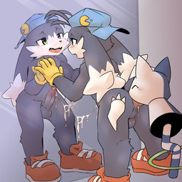 after_orgasm anal anthro balls black_body black_fur bodily_fluids butt clothing duo erection eyes_closed fangs female female_rimming female_rimming_male footwear fur genitals half-closed_eyes happy headgear headwear leaning_on_wall licking looking_pleasured male male/female mirror mirror_reflection narrowed_eyes open_mouth oral penile penis penis_lick reflection rimming rimming_male sex tail tears teeth tongue yellow_eyes young young_anthro young_male pu_sukebe bandai_namco klonoa_(series) klonoa tat_(klonoa) canid canine domestic_cat felid feline felis fox hybrid lagomorph leporid mammal rabbit 1:1 2023 digital_media_(artwork) hi_res