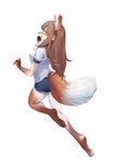 amber_eyes bottomwear brown_body brown_fur brown_hair butt clothing female fur hair human_to_anthro looking_down open_mouth pawpads shirt shorts simple_background solo species_transformation tail topwear transformation white_background white_clothing white_shirt white_topwear ora_ozen canid canine fox human mammal 2024 absurd_res hi_res