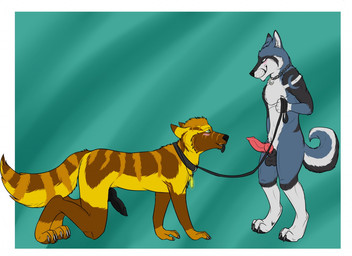 all_fours animal_genitalia animal_penis anthro anthro_on_anthro balls bdsm canine_genitalia canine_penis collar dominant duo erection genitals holding_leash holding_object knot leash looking_at_another looking_at_partner male male/male master penis petplay roleplay simple_background standing submissive submissive_male dolar canid canine canis domestic_dog husky mammal nordic_sled_dog spitz wolf