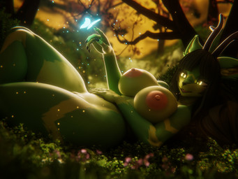 anthro antlers big_breasts breasts candid female flower forest fur genitals grass green_body green_fur hair horn lying nude on_back plant solo sunrise thick_thighs tree yellow_eyes pyx_up_styx valorlynz_(modeler) natsu_(natsu_o3o) arthropod butterfly deer insect lepidopteran mammal 2026 3d_(artwork) 4:3 absurd_res digital_media_(artwork) hi_res