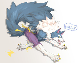 4_toes 5_fingers anthro barefoot belt biped blue_body blue_fur bottomwear claws clothed clothed_anthro clothed_male clothing digitigrade eyebrows feet finger_claws fingers fluffy fluffy_tail fur looking_aside male multicolored_body multicolored_fur open_mouth open_smile pink_tongue pupils purple_bottomwear purple_clothing purple_inner_ear purple_shorts shorts shorts_only side_view simple_background slit_pupils smile snout solo speech_bubble tail teeth text thick_eyebrows toe_claws toes tongue tongue_out topless topless_anthro topless_male two_tone_body two_tone_fur white_background white_body white_eyebrows white_fur white_sclera yellow_belt yellow_claws yellow_eyes captainjohkid capcom darkstalkers jon_talbain canid canine canis mammal wolf 2024 5:4 absurd_res digital_drawing_(artwork) digital_media_(artwork) english_text full-length_portrait hi_res portrait