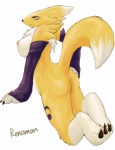 anthro black_sclera blush breasts butt claws dipstick_tail feet female fur hindpaw looking_at_viewer markings nipples paws side_boob simple_background solo tail tail_markings white_background white_body white_fur yellow_body yellow_fur drawg_t bandai_namco digimon canid canine digimon_(species) mammal renamon