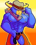 abs anthro biceps blue_body blue_fur bulge chaps clothed clothing cowboy_hat fur hat headgear headwear horn male muscular muscular_anthro muscular_male nipples simple_background solo underwear fizzyjay wild_west_c.o.w.-boys_of_moo_mesa the_dakota_dude mammal digital_media_(artwork) hi_res