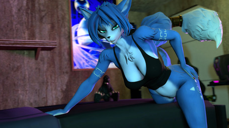 accessory anthro black_clothing black_topwear blue_body blue_fur blue_hair bottomless bottomless_anthro bottomless_female breasts clothed clothing female fluffy fluffy_tail fur furgonomic_accessory furgonomics hair jewelry looking_at_viewer multicolored_body multicolored_fur ring solo tail tail_accessory tail_jewelry tail_ring teal_eyes topwear two_tone_body two_tone_fur white_body white_fur psikokinetic warfaremachine_(modeler) nintendo star_fox krystal_(star_fox) warfare_krystal canid canine fox mammal 16:9 2026 3d_(artwork) digital_media_(artwork) hi_res source_filmmaker_(artwork) widescreen