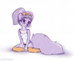 anthro biped brown_eyes clothed clothing female fluffy fluffy_tail footwear fur legwear panties pigtails purple_body purple_fur shirt simple_background sitting socks solo spaghetti_strap tail tank_top topwear underwear white_background young coonkun nanette mammal mephitid skunk