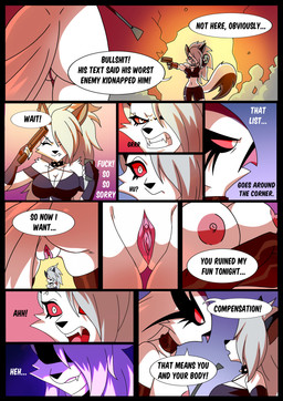anthro big_breasts breasts dialogue dominatrix duo female female_anthro genitals gun nipples open_mouth ranged_weapon simple_background text vulva weapon kato777 hellaverse helluva_boss mythology loona_(helluva_boss) stella_(helluva_boss) avian bird canid canid_demon canine demon hellhound mammal mythological_canine mythological_creature absurd_res comic english_text hi_res right_to_left