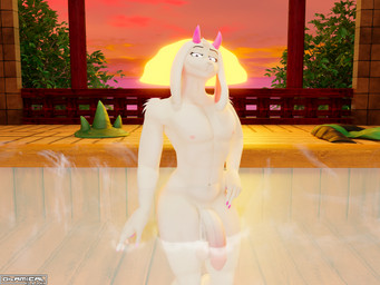 balls clothing clothing_aside femboy fur genitals hair horn hot_spring looking_at_viewer nipples nude partially_submerged pawpads penis pink_eyes sauna solo steam swimming_pool water white_body okamical okamical_(modeler) deltarune undertale_(series) ralsei bovid caprine darkner goat mammal 3d_(artwork) 4:3 digital_media_(artwork) hi_res