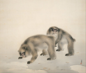 5_fingers 5_toes ambiguous_feral ambiguous_gender cjk_character duo feet feral fingers fur leaf looking_aside looking_down on_hind_legs plantigrade puddle quadruped short_tail simple_background standing tail three-quarter_view toes water hashimoto_kansetsu public_domain haplorhine mammal monkey primate 1937 20th_century absurd_res ancient_art hi_res painting_(artwork) traditional_media_(artwork) traditional_painting_(artwork)