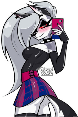 absolute_territory anthro armwear bisexual_pride_colors black_armwear black_clothing black_elbow_gloves black_eyelids black_gloves black_handwear black_legwear black_shirt black_thigh_highs black_topwear blush blush_lines bottomwear breasts butt cellphone clothed clothing collar ear_piercing elbow_gloves electronics eyebrow_piercing facial_piercing female fingerless_gloves fur gloves grey_body grey_fur grey_hair hair hair_over_eye handwear holding_cellphone holding_object holding_phone holding_smartphone legwear lgbt_pride long_hair looking_at_viewer pattern_bottomwear pattern_clothing pattern_skirt phone piercing plaid plaid_bottomwear plaid_clothing plaid_skirt pride_color_bottomwear pride_color_clothing pride_color_skirt pride_colors pupils red_sclera shirt shoulderless_shirt side_view simple_background skirt slit_pupils smartphone solo spiked_collar spikes strapless_clothing strapless_topwear tail text thigh_highs topwear twitter_handle upskirt white_background white_body white_eyes white_fur teaofcolors hellaverse helluva_boss mythology loona_(helluva_boss) canid canid_demon canine demon hellhound mammal mythological_canine mythological_creature 2024 artist_name hi_res portrait three-quarter_portrait