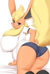 anthro anthrofied asian_clothing athletic_wear belly big_breasts blonde_hair blush bottomwear breasts buruma butt clothed clothing cute_fangs east_asian_clothing fangs female female_anthro fluffy fluffy_tail footwear fur gym_bottomwear gym_shorts hair huge_breasts japanese_clothing kemono looking_at_viewer looking_back looking_back_at_viewer neck_tuft nipple_outline orange_body orange_fur overweight overweight_anthro overweight_female pokemorph shirt shorts socks solo tail teeth topwear tuft yellow_body yellow_fur horokusa0519 nintendo pokemon canid canine eeveelution flareon generation_1_pokemon mammal pokemon_(species) 2022 digital_media_(artwork) hi_res