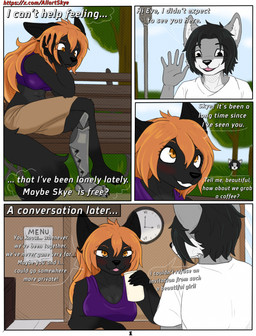 anthro black_body black_fur black_hair black_nose dialogue duo female fur grey_body grey_fur hair male male/female metal orange_eyes orange_hair text white_body white_fur allartskye skye_(allartskye) canid canine canis jackal mammal wolf comic english_text hi_res url