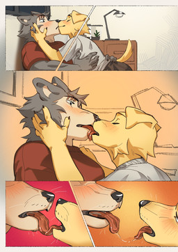 5_fingers anthro anthro_on_anthro biped black_claws black_eyebrows black_eyes black_nose blush blush_lines bodily_fluids bottomwear claws clothed clothed_anthro clothed_male clothing duo eye_scar eyebrow_scar eyebrows eyes_closed facial_scar finger_claws fingers floppy_ears french_kissing fully_clothed fully_clothed_anthro fully_clothed_male fur grey_body grey_fur humanoid_hands interspecies kissing male male/male male_anthro muscular muscular_anthro muscular_male open_mouth romantic romantic_couple saliva saliva_string scar shirt simple_background slim slim_anthro slim_male tail text tongue tongue_out topwear white_body white_fur yellow_body yellow_fur hemuchang beastars jack_(beastars) legoshi_(beastars) canid canine canis domestic_dog mammal wolf comic english_text hi_res multiple_scenes