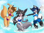 beach bikini breasts clothing female group sea seaside sky swimwear two-piece_swimsuit water nekonny elexis_(mramp) michelle_gregourii mrs._amp_(mramp) shazetta canid canine canis domestic_dog mammal mustelid musteline true_musteline weasel