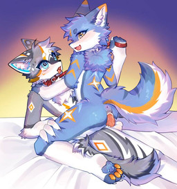 anthro arm_support bed bedding bedding_background blue_body blue_fur collar cowgirl_position duo female female_on_top fluffy fluffy_fur fluffy_tail from_front_position fur furniture genitals grey_body grey_fur kneeling kneeling_sex lying male male/female mastery_position on_back on_bed on_bottom on_top open_mouth pawpads penis reclining sex simple_background sitting sitting_on_another spiked_collar spikes straddling strangling tail tongue tongue_out vulva white_body white_fur mapleotu starrin canid canine canis hybrid mammal wolf