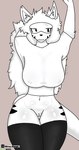 anthro big_breasts big_eyes bodily_fluids breasts clitoris clothing exposed_fat eyewear female female_anthro front_view fur genital_fluids genitals goggles hair legwear long_hair looking_away lying midriff navel on_front small_waist solo stockings straining_clothing striped_body striped_fur stripes tail thick_thighs thigh_highs vaginal_fluids white_body white_fur wide_hips gusa canid canine canis humanoid mammal wolf absurd_res hi_res
