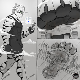 4_toes anthro barefoot black_pawpads building cellphone city claws destruction ear_piercing ear_ring electronics feet foot_fetish giga grass green_eyes hindpaw macro male oblivious pawpads paws phone piercing plant rampage ring_piercing smartphone soles solo stomping toes slegar bethesda_game_studios macro_march microsoft mythology skyrim the_elder_scrolls domestic_cat felid feline felis khajiit mammal comic hi_res