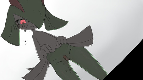 3_fingers band-aid band-aid_on_genitals band-aid_on_pussy bandage blush blush_lines bodily_fluids bottomwear clothed clothing clothing_lift dutch_angle female fingers genital_fluids glowing glowing_eyes green_body grey_background looking_at_viewer looking_down looking_down_at_viewer red_eyes simple_background skirt skirt_lift smile solo sweat sweatdrop vaginal_fluids vaginal_fluids_on_leg white_body hurai_of_kaki nintendo pokemon generation_3_pokemon humanoid kirlia pokemon_(species) 16:9 2024 digital_media_(artwork) hi_res widescreen