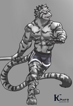 4_toes 5_fingers anthro barefoot belt big_muscles biped black_claws black_outline black_pawpads black_stripes blue_bottomwear blue_clothing blue_shorts bottomwear claws clothed clothed_anthro clothed_male clothing dipstick_tail facial_markings feet finger_claws fingerpads fingers front_view furgonomic_bottomwear furgonomics grey_background grey_body grey_tongue head_markings head_turned holding_melee_weapon holding_object holding_sword holding_weapon looking_aside male markings melee_weapon muscular muscular_anthro muscular_male open_mouth outline pawpads plantigrade shorts shorts_only simple_background snout solo striped_arms striped_body striped_face striped_legs striped_markings striped_tail striped_torso stripes sword tail tail_markings teeth text toe_claws toes tongue tongue_showing topless topless_anthro topless_male weapon white_bottomwear white_clothing white_sclera white_shorts kuromonsart felid mammal pantherine tiger 2022 artist_name colored dated digital_drawing_(artwork) digital_media_(artwork) english_text full-length_portrait hi_res portrait