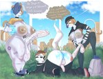 all_fours anthro anus areola ass_up balls barely_visible_anus big_balls big_breasts big_penis black_sclera bodily_fluids bottomwear breasts bulge butt claws cleavage clothed clothing collar cum cum_drip defeated denim denim_bottomwear denim_clothing detailed_background dripping electronics femboy finger_claws genital_fluids genital_outline genitals group half-closed_eyes headphones huge_balls hyper hyper_balls hyper_genitalia intersex intersex/male jeans looking_back looking_down lube male narrowed_eyes nervous nipples pants paws penis pubes raised_tail shadow shaking shield_potion side_view skinny sky slurp_juice smile smug speech_bubble sweat tail text thick_thighs tongue tongue_out trembling trio vein veiny_penis yonstar_studios epic_games fortnite mythology apollo_caelum cate_meowdy meow_skulls alien dragon felid feline mammal mythological_creature mythological_scalie scalie digital_media_(artwork) hi_res spanish_text translated
