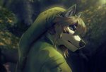 anthro anthrofied blonde_hair blue_eyes clothed clothing forest green_clothing hair hat headgear headwear looking_at_viewer male plant shirt solo topwear tree tunic momobeda nintendo the_legend_of_zelda link_(wolf_form) canid canine canis mammal wolf bust_portrait detailed portrait