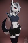 angry anthro clothed clothing female fingers fur gloves grey_body hair handwear holding_object leggings legwear looking_at_viewer offering_beverage offering_to_viewer open_mouth red_sclera simple_background solo teeth topwear white_body white_fur loaf3d helluva_boss mythology loona_(aeridiccore) loona_(helluva_boss) canid canid_demon canine demon hellhound mammal mythological_canine mythological_creature 3d_(artwork) blender_(artwork) digital_media_(artwork) hi_res