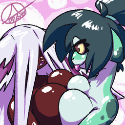 anthro big_breasts big_ears black_body blep breast_focus breast_size_difference breast_squish breasts breasts_frottage brown_body brown_chest chest_to_chest clothed clothing curvy_figure dark_body dark_skin duo eye_through_hair eyelashes female female/female green_body hair huge_breasts long_hair looking_at_another markings multicolored_body narrowed_eyes nude obscured_eyes open_mouth pink_inner_ear playful pupils simple_background size_difference slightly_chubby slightly_chubby_female smile spots spotted_markings squish standing tied_hair titfight tongue tongue_out topless topless_anthro topless_female translucent translucent_hair two_tone_body voluptuous voluptuous_anthro voluptuous_female white_hair yellow_eyes atokitsune rokka_kokkora shyfwafwa_shyfwa amphibian amphibian_humanoid animal_humanoid frog_humanoid halfling humanoid lagomorph lagomorph_humanoid leporid_humanoid mammal mammal_humanoid rabbit_humanoid 1:1 2024