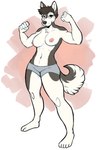 5_fingers 5_toes anthro areola breasts brown_eyes chest_tuft closed_smile clothed clothing feet female fingers fist flexing fur hair inner_ear_fluff mouth_closed navel nipples simple_background smile solo standing tail toes topless topless_anthro topless_female tuft underwear underwear_only white_background white_body white_fur hoot_(artist) alaskan_malamute canid canine canis domestic_dog mammal nordic_sled_dog spitz hi_res