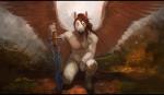 anthro biped brown_hair convenient_censorship eyes_closed feathered_wings feathers front_view fur hair holding_melee_weapon holding_object holding_sword holding_weapon hooves kneeling long_hair male melee_weapon nude on_one_knee solo sword weapon white_body white_feathers white_fur wings conditional_dnp oouna mythology illuvion equid equine mammal mythological_creature mythological_equine pegasus 2016 censored digital_media_(artwork) digital_painting_(artwork) full-length_portrait letterbox portrait signature