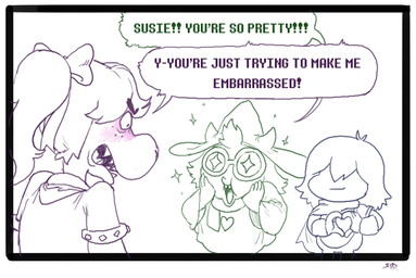 accessory ambiguous_gender ambiguous_human bow_(feature) bow_accessory bow_ribbon centered_hair_bow clothing dialogue eyebrows female flustered fur gesture group hair hair_accessory hair_bow hair_ribbon hat headgear headwear heart_gesture heart_symbol horn long_hair ribbons scarf sharp_teeth simple_background teeth text sirartwork deltarune undertale_(series) kris_dreemurr ralsei susie_(deltarune) bovid caprine darkner goat human mammal reptile scalie 2018 english_text
