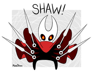 2_horns 6_arms ambiguous_gender anthro biped black_eyes black_text cloak clothed clothing dialogue empty_eyes exclamation_point fire_eyes holding_melee_weapon holding_object holding_weapon horn melee_weapon multi_arm multi_limb red_cloak red_clothing solo standing text weapon morestar hollow_knight_(franchise) team_cherry hornet_(hollow_knight) arthropod 2026 6:5 english_text hi_res