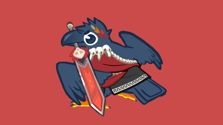 4_toes alternate_species ambiguous_feral ambiguous_gender anisodactyl avian_skull beak big_eyes biped black_beak black_body black_clothing black_eyebrows black_eyes black_feathers black_robe black_tail black_talons clothed clothed_ambiguous clothed_feral clothing determined eyebrows feathered_wings feathers feet feral feralized furrification furrowed_eyebrows glistening glistening_eyes holding_melee_weapon holding_object holding_sword holding_sword_in_mouth holding_weapon laurel_wreath melee_weapon multicolored_clothing multicolored_robe object_in_beak red_background red_clothing red_leaves red_robe robe scutes side_view simple_background skull_accessory slim_ambiguous slim_feral solo spread_wings standing sword tail tail_feathers talons toes toony weapon wings yellow_scutes sabtastic hades_(game) zagreus_(hades) avian bird corvid corvus_(genus) crow oscine passerine 2021 absurd_res english_description flat_colors full-length_portrait hi_res portrait male_(lore)