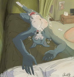 anthro balls bed bodily_fluids clothing erection footwear footwear_only furniture genital_fluids genitals humanoid_genitalia humanoid_penis inside lying male mostly_nude nipples on_back on_bed penis precum socks socks_only solo stretching cheetuppy beastars legoshi_(beastars) canid canine canis mammal wolf 2d_animation animated hi_res