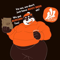 anthro beanie beverage black_background brown_body clothing container cup dialogue disposable_cup hat headgear headwear holding_container holding_cup holding_object male mascot obese open_mouth open_smile orange_beanie orange_clothing orange_hat orange_headwear orange_sweater orange_tongue orange_topwear overweight overweight_male paper_bag simple_background smile solo sweater teeth text tongue topwear fujiyama_samoyed a&w rooty_the_great_root_bear bear mammal 1:1 digital_drawing_(artwork) digital_media_(artwork) english_text flat_colors hi_res watermark