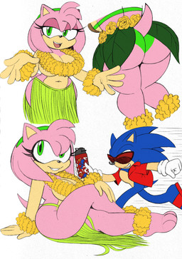 accessory anthro barefoot big_breasts big_butt black_nose blue_body blue_fur breasts butt clothed clothing duo eyelashes eyewear feet female flower_bracelet flower_necklace footwear front_view fur gloves grass_skirt green_eyes hair hair_accessory hairband handwear head_tuft hula leaf_skirt looking_at_viewer male navel open_clothing open_mouth open_smile open_topwear pink_body pink_fur pink_hair rear_view red_clothing red_footwear red_sandals red_topwear sandals shoes short_hair simple_background sitting smile sunglasses tan_body tan_fur thick_thighs topless topwear tuft white_background white_clothing white_gloves white_handwear wide_hips omegasunburst sega sonic_the_hedgehog_(series) amy_rose sonic_the_hedgehog eulipotyphlan hedgehog mammal absurd_res hi_res