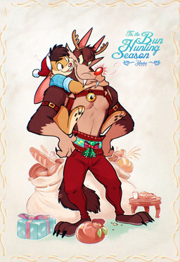 anthro armband bag baguette barefoot bell bottomwear box bread buckteeth christmas_clothing christmas_headwear claws clothed clothing container croissant duo eyebrows fake_antlers fake_horns fangs feet food fur gift glowing glowing_nose hair harness hat headgear headwear holidays holly_(plant) hug jingle_bell looking_at_another male male/male mistletoe muscular muscular_male pants pastry plant plantigrade red_nose sabertooth_(anatomy) santa_hat shirt simple_background size_difference smile standing teeth text toony topless topless_anthro topless_male topwear tuft white_background piti_yindee christmas billy_buns hank_howell_(piti_yindee) canid canine canis lagomorph leporid mammal rabbit wolf 2024 english_text hi_res