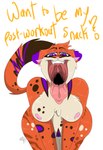 anthro bedroom_eyes bent_over big_tongue breasts dialogue exercise female imminent_vore mouth_shot narrowed_eyes nipples open_mouth oral_vore seductive soft_vore solo tail talking_to_viewer teeth throat tongue tongue_out uvula vore krona999 sero_(feroxdoon) cougar felid feline hybrid jaguar mammal pantherine absurd_res hi_res