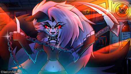action_pose action_scene angry anthro bared_fangs bared_teeth battle bottomwear chain clothing collar crop_top female fighting_pose fire_extinguisher flashing_light gesture growling hand_gesture imminent_death kusarigama middle_finger navel pose shirt shorts sickle solo spiked_collar spikes teeth topwear weapon darkeclipticheart epilepsy_warning hellaverse helluva_boss mythology loona_(helluva_boss) canid canid_demon canine canis demon hellhound mammal mythological_canine mythological_creature 16:9 hi_res widescreen