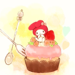 beady_eyes bow_(decoration) bow_(feature) bow_accessory chibi cupcake cutlery ear_bow female flower food fork fruit fur hood kemono kitchen_utensils plant smile solo spoon strawberry tools white_body white_fur sacchi33 onegai_my_melody sanrio my_melody lagomorph leporid mammal rabbit 1:1 2013 low_res