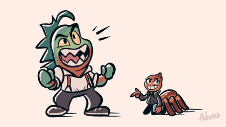 anthro bottomwear clothed clothing duo electronics female fingers footwear gesture grin hand_gesture headphones headphones_around_neck holding_object hoodie male open_mouth open_smile overalls pointing sharp_teeth shirt shoes simple_background smile standing teeth topwear white_clothing white_shirt white_topwear advos dreamworks the_bad_guys mr._piranha_(the_bad_guys) ms._tarantula_(the_bad_guys) aquatic arachnid arthropod characiform fish mygalomorph piranha_(fish) serrasalmid spider tarantula 16:9 digital_media_(artwork) hi_res widescreen