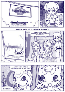 :d anthro breasts closed_smile clothed clothed_human clothed_male clothing collar detailed_background dialogue eyes_closed female female_anthro female_human fully_clothed fully_clothed_human fully_clothed_male group male male_anthro male_human mouth_closed open_mouth open_smile smile talking_to_another text cyyeun xen_(series) izzy_(xen) nero_(xen) switch_(xen) alien human mammal 2007 artist_name blue_and_white comic dated english_text monochrome