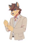 anthro black_ears blazer clothed clothing dress_shirt eyebrows fully_clothed male multicolored_body purple_eyes shirt smile solo suit topwear kokoro-tokoro canid canine fox mammal hi_res