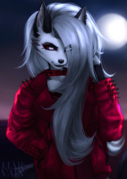 anthro black_nose cheek_tuft clothing collar ear_piercing ear_ring eye_through_hair eyebrows eyelashes facial_tuft female fur grey_body grey_fur grey_hair hair hand_in_pocket inner_ear_fluff jacket long_hair looking_at_viewer moon multicolored_body multicolored_fur night notched_ear outside piercing pockets red_sclera ring_piercing smile solo spiked_collar spikes text topwear translucent translucent_hair tuft two_tone_body two_tone_fur white_body white_eyes white_fur llaviara hellaverse helluva_boss mythology loona_(helluva_boss) canid canid_demon canine demon hellhound mammal mythological_canine mythological_creature 2023 artist_name hi_res
