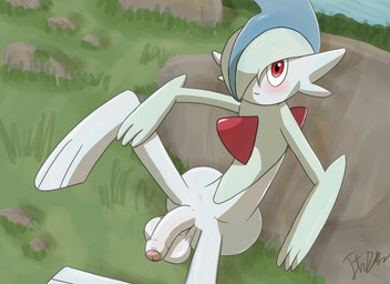 albino blush flaccid foreskin genitals hair humanoid_genitalia humanoid_penis looking_at_viewer male penis relaxing rock sitting sitting_on_ground smile solo thick_calves thin_thighs wide_hips itszabba nintendo pokemon gallade generation_4_pokemon pokemon_(species)