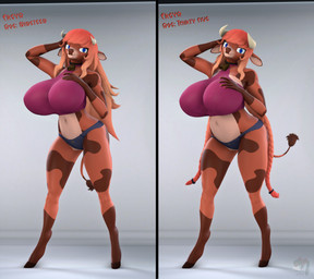 age_progression anthro before_and_after big_breasts bottomwear breasts clothing cowbell female halter_top horn hotpants huge_breasts mature_female modelling revamped_anthros shorts slightly_chubby solo donglysfm freya_(donglysfm) bovid bovine cattle mammal 3d_(artwork) absurd_res digital_media_(artwork) hi_res source_filmmaker_(artwork)