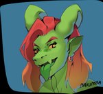 anthro ear_piercing female green_body hair horn looking_at_viewer piercing pink_hair short_hair simple_background solo tongue tongue_out makumba mythology dragon mythological_creature mythological_scalie scalie digital_media_(artwork) hi_res portrait