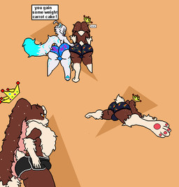 anthro ass_to_ass big_butt big_ears bottomwear bubble_butt bulge butt clothed clothing crown duo feet fur headgear hindpaw hotpants male male/male markings multicolored_body multicolored_fur neck_tuft pawpads paws presenting presenting_hindquarters shorts shortstack side_view simple_background speech_bubble spots spread_legs spreading tail text text_on_clothing thick_thighs tuft underwear white_body white_fur wide_hips saskatoon_nu coffeez kuri_(saskatoon_nu) felid feline lagomorph leopard leporid mammal pantherine rabbit snow_leopard digital_drawing_(artwork) digital_media_(artwork) pixel_(artwork)