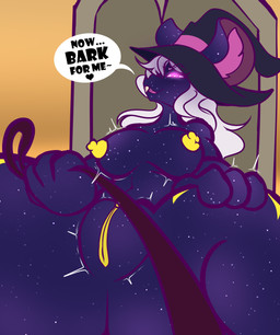 4_fingers anthro areola big_breasts breasts butt chair clothing dominant dominant_female female fingers first_person_view fur furniture genitals glowing glowing_eyes hair hat headgear headwear leash leash_pull looking_at_viewer magic_user nipples nude open_mouth presenting presenting_hindquarters puffy_nipples seductive shortstack simple_background smile solo submissive teeth text thick_thighs throne tongue vulva witch witch_hat sralivewolfox mammal mouse murid murine rat rodent absurd_res digital_media_(artwork) hi_res