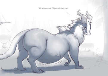 abdominal_bulge ambiguous_gender anthro belly big_belly butt claws digitigrade feral feral_pred fur glorp horn looking_at_viewer motion_lines onomatopoeia outside quadruped side_view smile soft_vore solo sound_effects standing tail teeth text toothy_grin vore eluven background_character species_request 2026 artist_name english_text monochrome female_(lore)